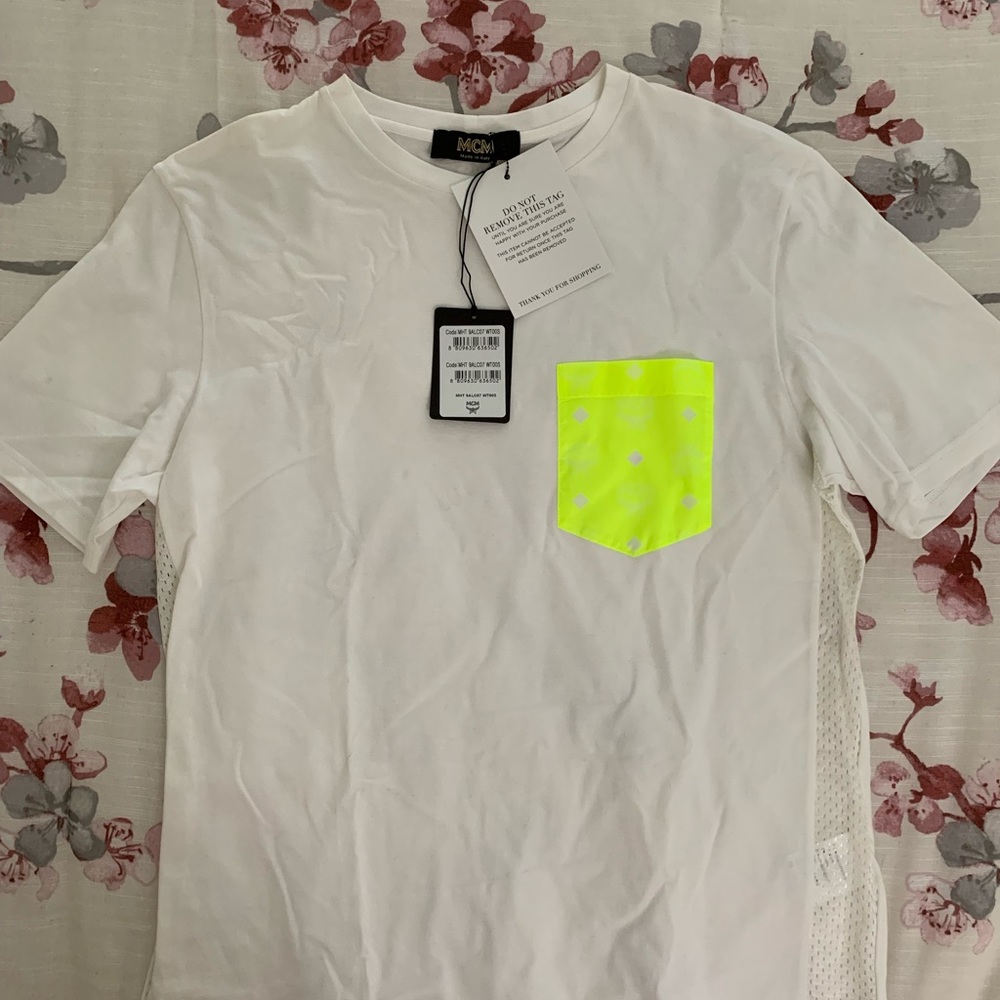 MCM Men's White Cotton Neon Yellow Nylon Pocket Flo T-Shirt Small UNISEX
